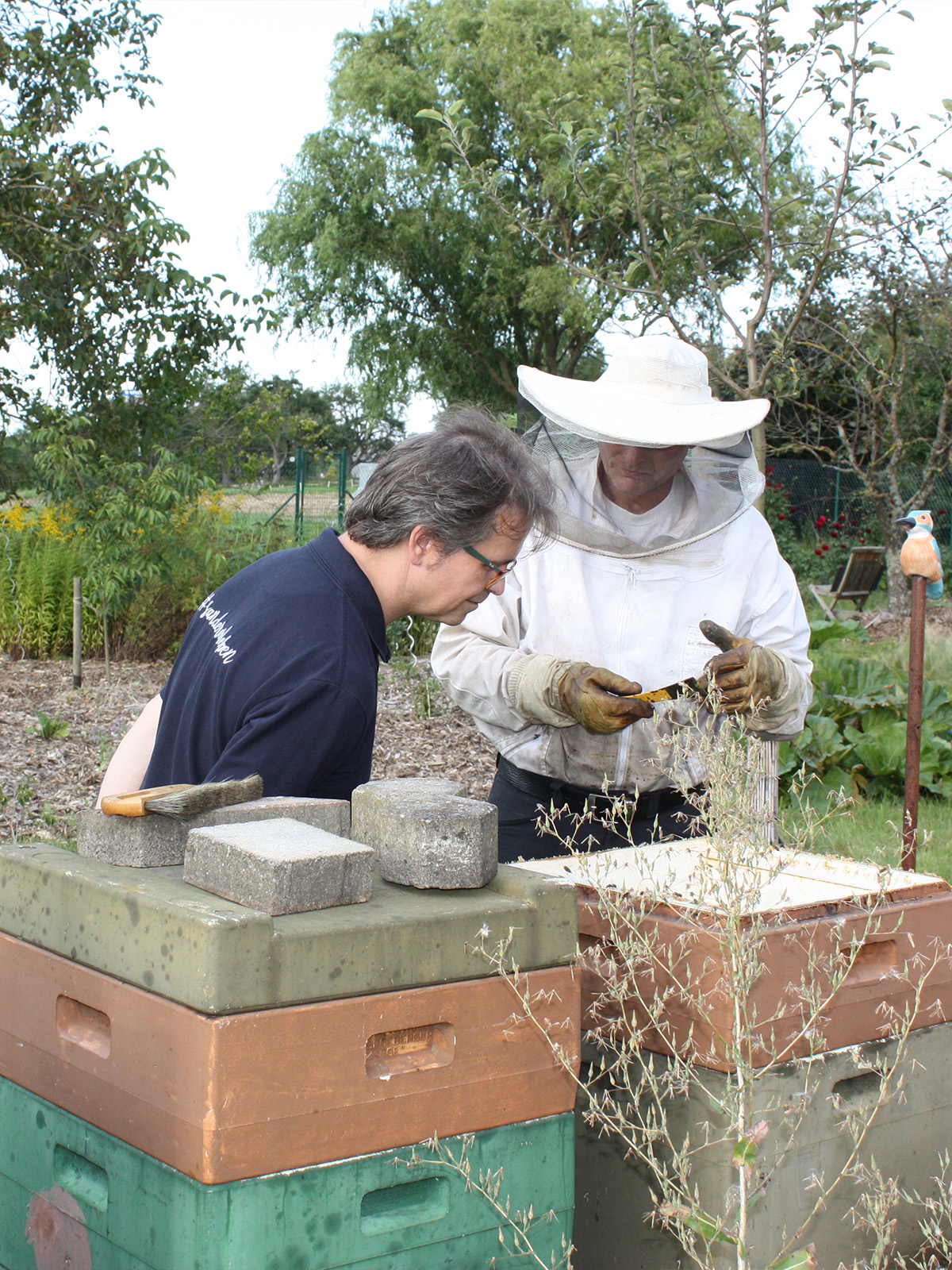 Direktor Stephan erkundigt bei einem Imker über Bienen. Im Vordergrund ein Bienenstockkasten