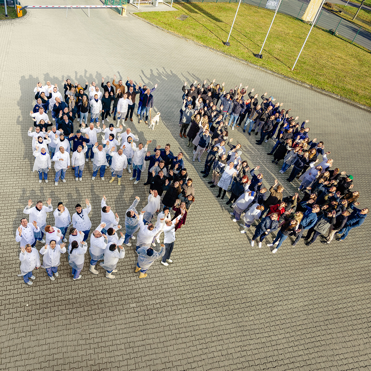 Die Mitarbeiter der Sander Gruppe bilden auf einem großen Platz eine 50 für das 50-jährige Jubiläum der Sander Gruppe